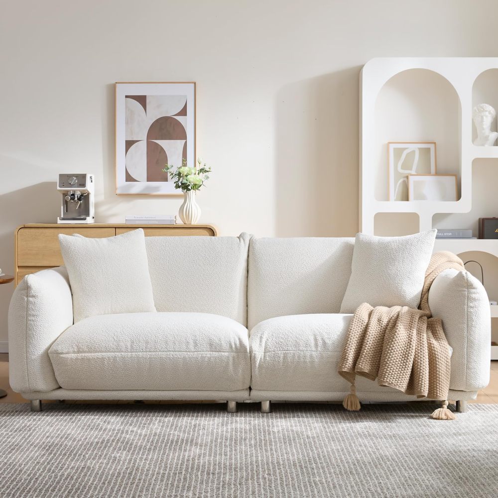 87.4" Sherpa Cloud 3-Seater Loveseat Sofa | Precision-Tailored Stitching | High-Density Foam Fill | Solid Hardwood Frame with Reinforced Joints | Stain-Resistant Velvet | 2 Pillows Included | White / Beige
