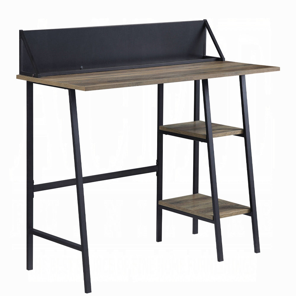 Rustic Oak and Black 2-Shelf Writing Desk with H-Shaped Base — 43" W x 20" D x 30" H | Industrial Modern Writing Desk | Two-Tier Storage Shelf | Smart Phone & Tablet Holder | Particle Board & MDF | Office | Oak