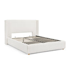 Queen/King Size Gas Lift Storage Bed | Vertical Striped Rabbit Fur Upholstered | Hydraulic Under-Bed Storage | 500 lbs | Eucalyptus Wood Frame | Silent Mechanism | Easy Assembly | Beige