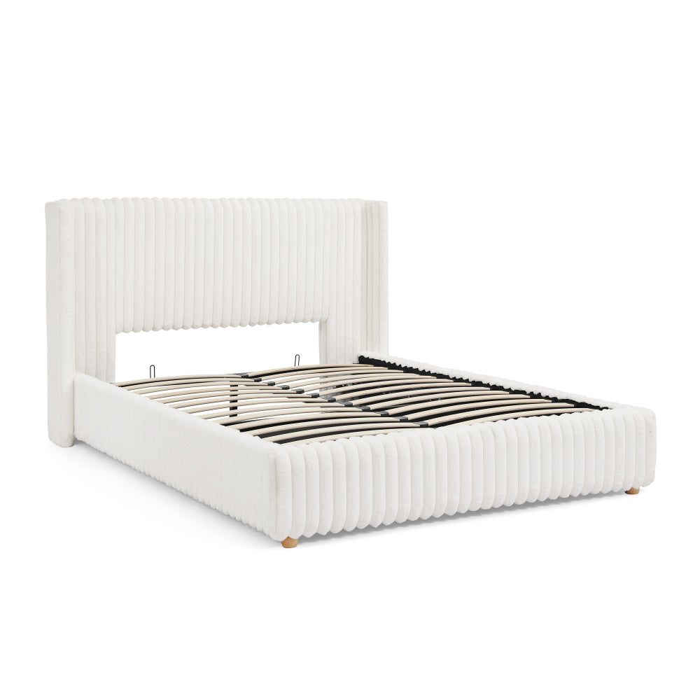 Queen/King Size Gas Lift Storage Bed | Vertical Striped Rabbit Fur Upholstered | Hydraulic Under-Bed Storage | 500 lbs | Eucalyptus Wood Frame | Silent Mechanism | Easy Assembly | Beige
