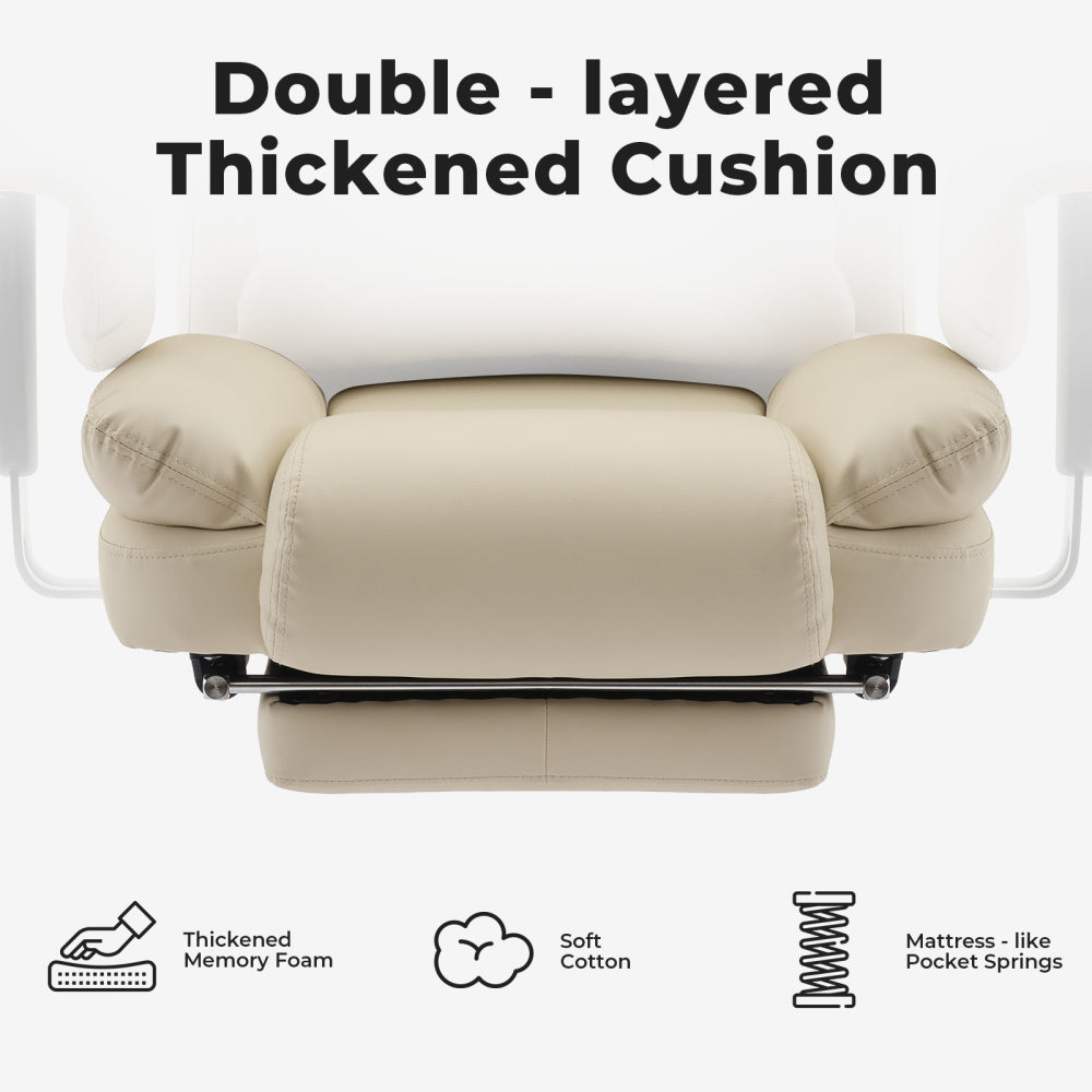 Ergonomic High-Back PU Leather Office Chair | 440 lbs Capacity | Liftable Headrest + Retractable Footrest | Double-Layer Spring Sponge + Memory Foam | Height-Adjustable Armrests | Lumbar Support | Computer, Executive Chair | Beige/Black