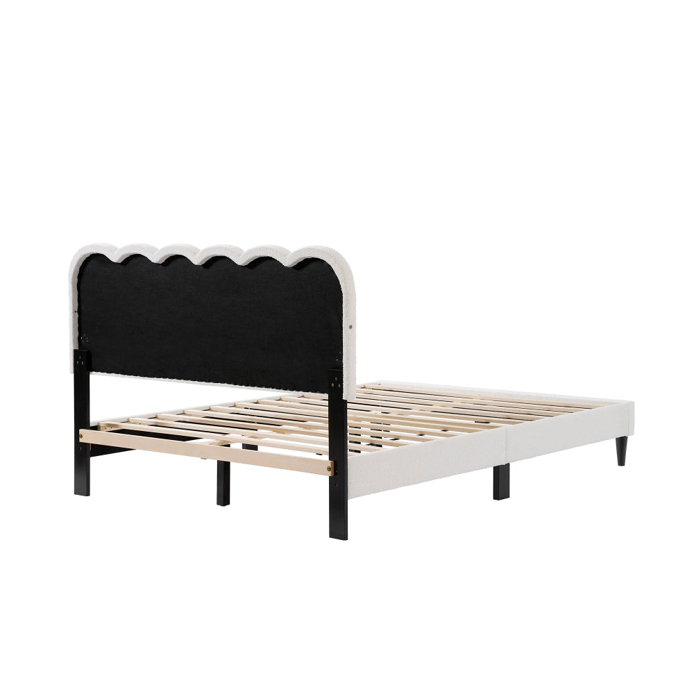 Full/Queen Size Boucle Platform Bed | Petal-Shaped Scalloped Headboard | Built-In Ambient Bedside Light | Rubberwood Legs | Silent Frame Design | No Box Spring Needed | White/Cream