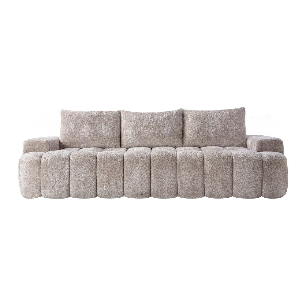 100" Extra Large Curved Front Sofa | 3-Seat Cloud-Like Boucle Sectional Couch | Vertical Channel Tufted | High-Resilience Compressed Foam | No Assembly | Easy to Move & Ship | Living Room, Apartment, Condo | White/Camel