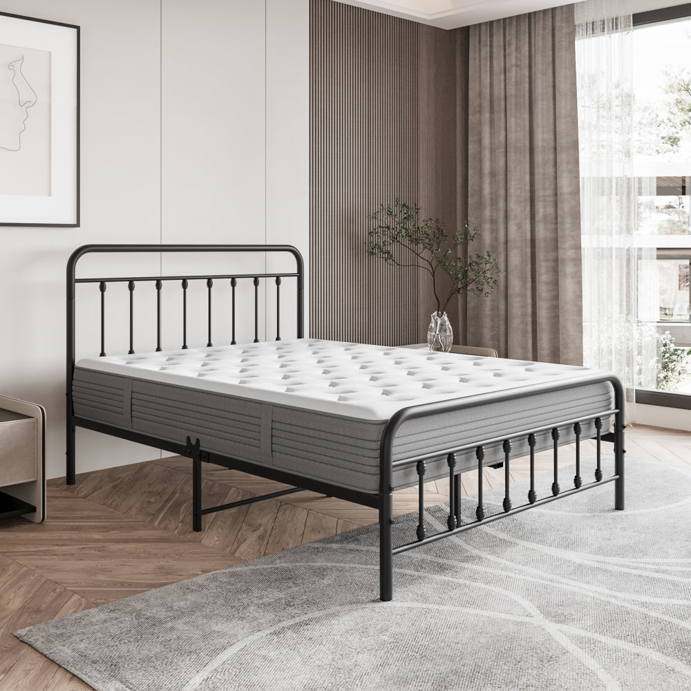 Twin/Full/Queen Size Victorian Metal Platform Bed Frame | Spindle Headboard & Footboard | 13 Slats + 9 Center Legs | 450 lbs | 10.6" Under-Bed Storage | No Box Spring Needed | Black