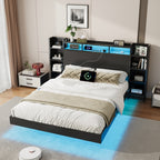 Full/Twin Size Floating Platform Bed | Bookcase Storage Headboard with LED Lights | 2 Outlets 1 USB 1 Type-C Charging | 4-Tier Side Shelves | 1000 lbs Heavy Duty Metal | No Box Spring | Black