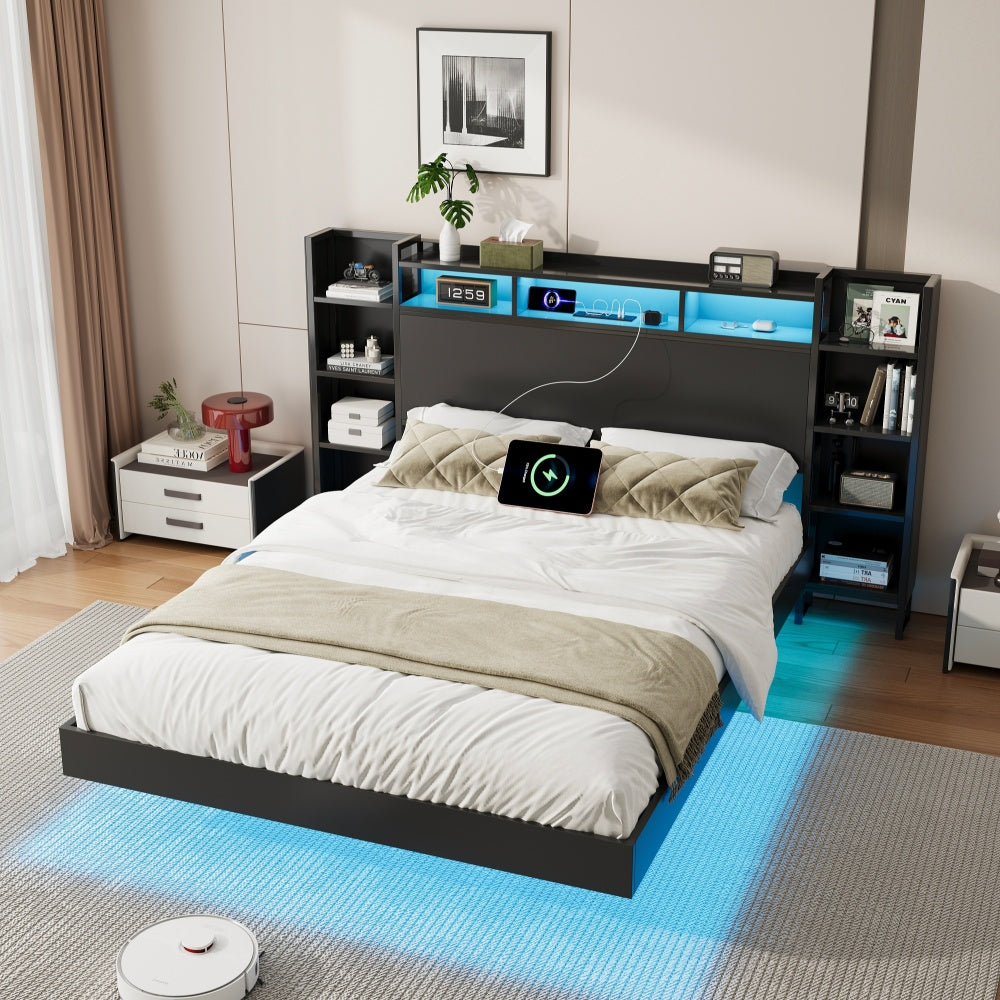 Full/Twin Size Floating Platform Bed | Bookcase Storage Headboard with LED Lights | 2 Outlets 1 USB 1 Type-C Charging | 4-Tier Side Shelves | 1000 lbs Heavy Duty Metal | No Box Spring | Black
