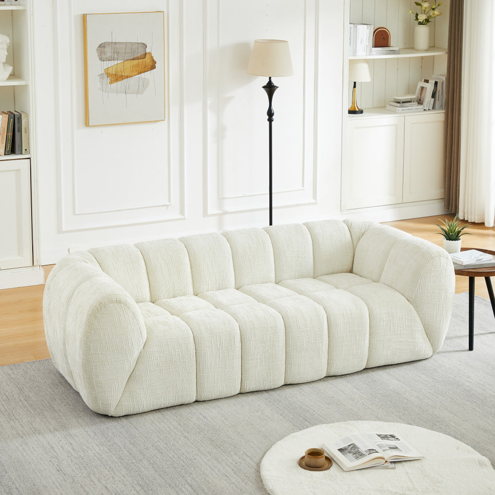 Modern Quilted Cloud Sofa | 3-Seat Chenille Pure Foam Couch | Piano-Key Backrest Design | Rounded Armrests | Deep-Seat Cushions | Living Room, Bedroom, Apartment | Beige/Black