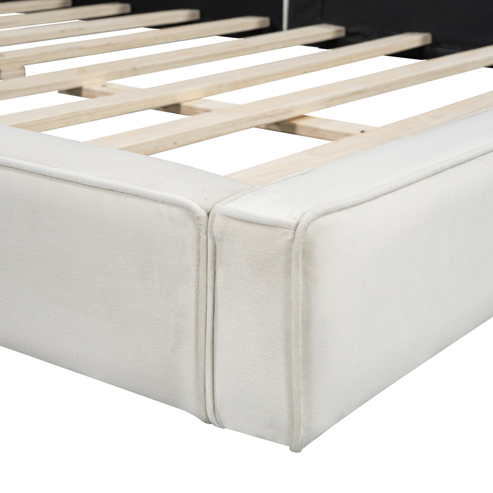 Queen Size Velvet Upholstered Platform Bed | Fully Wrapped Low Profile Frame | Solid MDF & Particle Board | No Box Spring Needed | Easy Assembly | Gray / Beige
