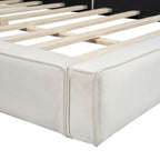 Queen Size Velvet Upholstered Platform Bed | Fully Wrapped Low Profile Frame | Solid MDF & Particle Board | No Box Spring Needed | Easy Assembly | Gray / Beige