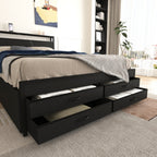Twin/Full/Queen Size Metal Platform Bed with 4 Storage Drawers | Headboard Charging Station 2 Outlets & 2 USB | 16 RGB LED Lights 60000+ Colors | Heavy Duty Steel Slats | No Box Spring Needed | Black