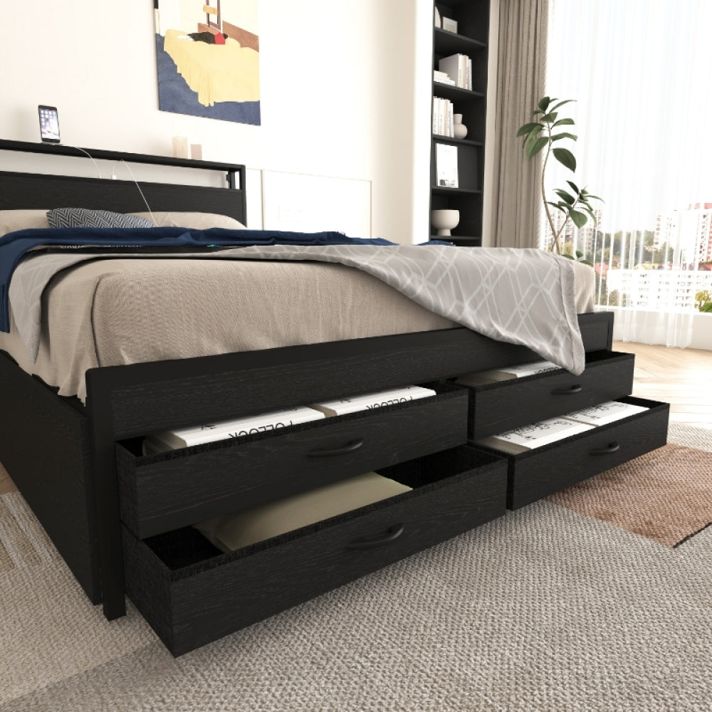 Twin/Full/Queen Size Metal Platform Bed with 4 Storage Drawers | Headboard Charging Station 2 Outlets & 2 USB | 16 RGB LED Lights 60000+ Colors | Heavy Duty Steel Slats | No Box Spring Needed | Black