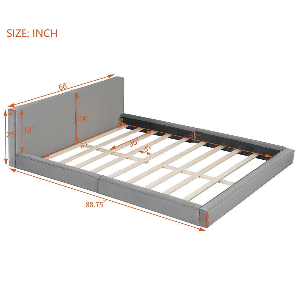 Queen Size Velvet Upholstered Platform Bed | Fully Wrapped Low Profile Frame | Solid MDF & Particle Board | No Box Spring Needed | Easy Assembly | Gray / Beige