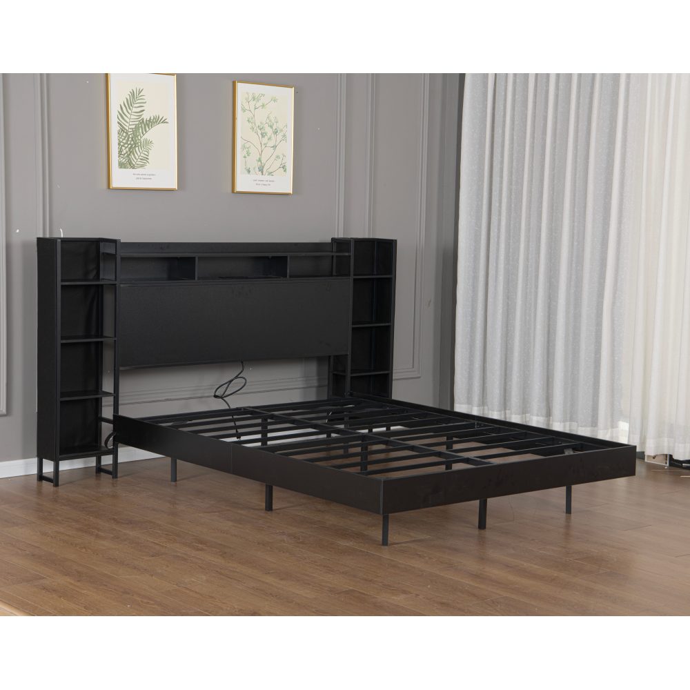 Full/Twin Size Floating Platform Bed | Bookcase Storage Headboard with LED Lights | 2 Outlets 1 USB 1 Type-C Charging | 4-Tier Side Shelves | 1000 lbs Heavy Duty Metal | No Box Spring | Black