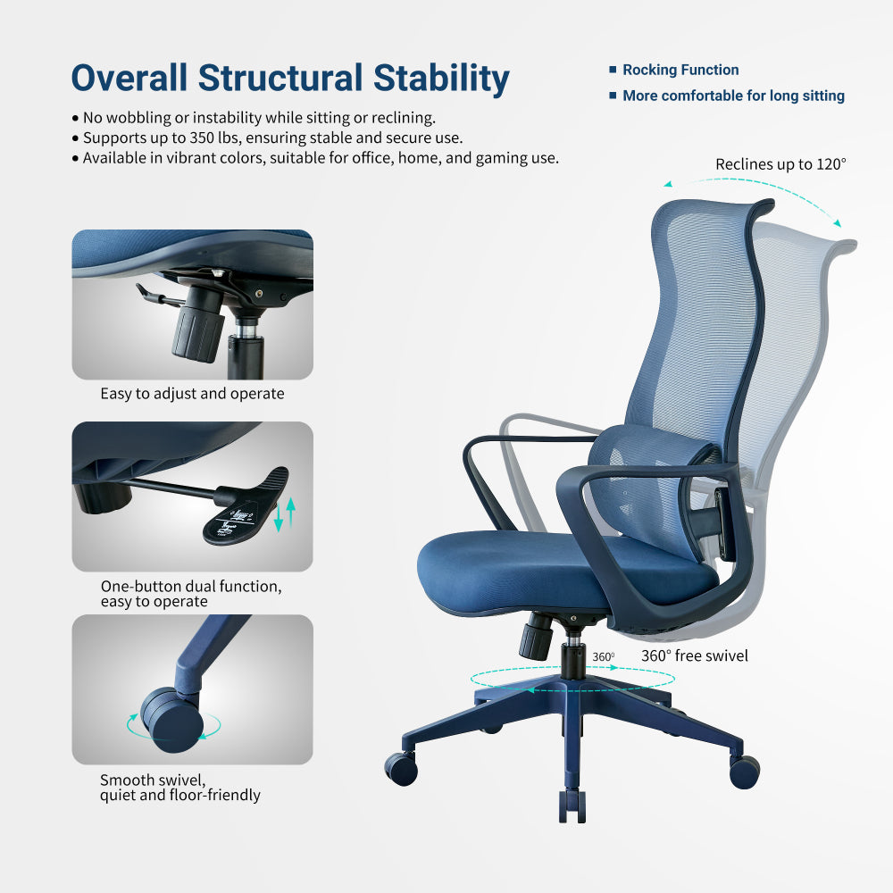 Ergonomic High-Back Mesh Office Chair | 350 lbs Capacity | 7-Level Aluminum Dual-Track Lumbar Support | Integrated Molded Foam Seat | Butterfly Upright Lock | SGS Class 3 Gas Lift | Fireproof | Home Office | Yellow/Green/Blue