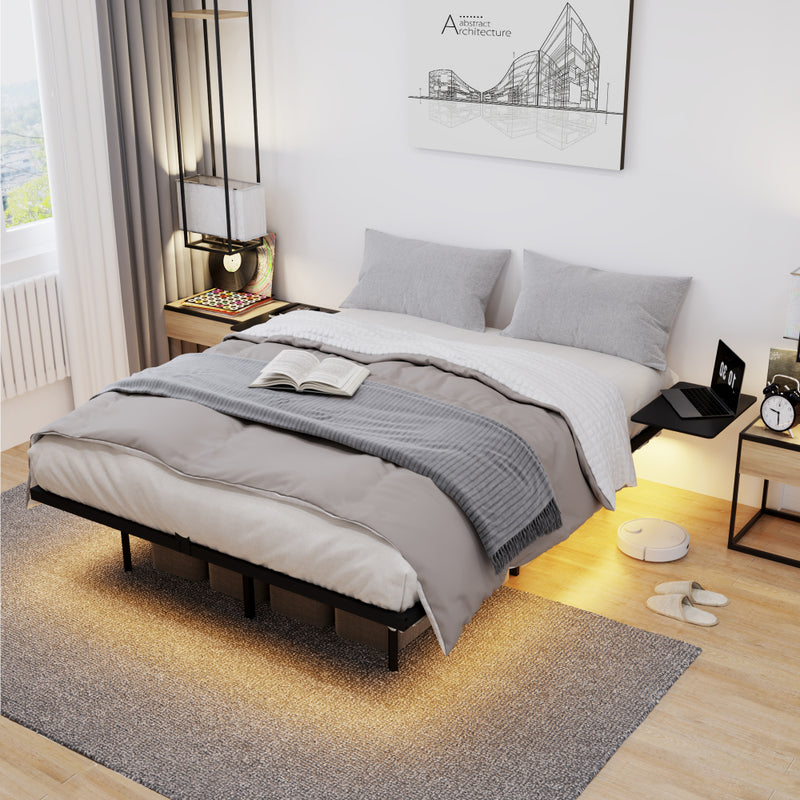 Full/Queen Size Heavy Duty Metal Platform Bed | 2 Bedside Shelves | LED Light | Reinforced Steel Slats | 800 lbs | Under-Bed Storage | No Box Spring Needed | Black