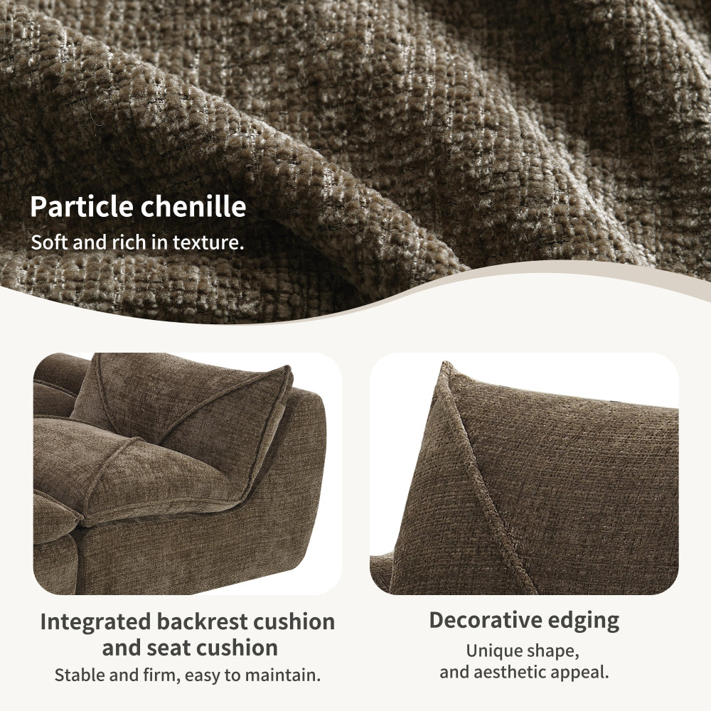 116" Fully Compressed 4-Seat Chenille Sectional Sofa | Integrated Backrest & Seat Cushion | Free Movement Ottoman | Decorative Edging | Legless Low-Profile Design | No Assembly Required | Living Room, Apartment | Brown/White/Green/Orange