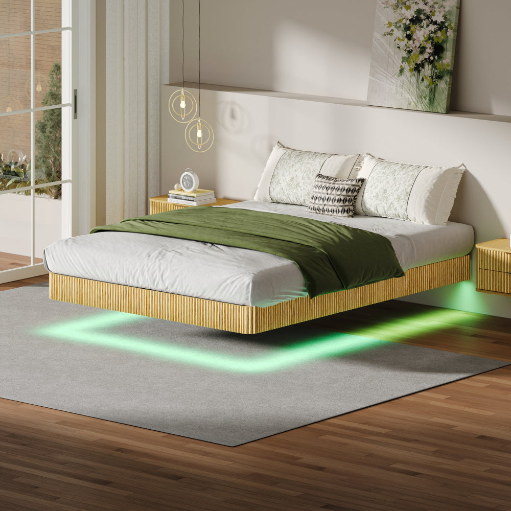 Oak King Floating Bed Frame with LED Lights