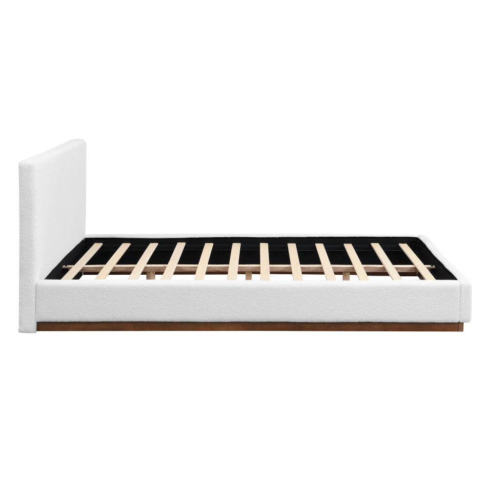 Queen/King Size White Boucle Upholstered Platform Bed | Wood Grain Textured Brown Solid Wood Base | 11 Slats + 4 Legs | 800 lbs | No Box Spring Needed | 2-Person Easy Assembly | White