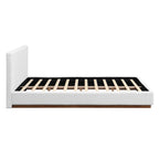 Queen/King Size White Boucle Upholstered Platform Bed | Wood Grain Textured Brown Solid Wood Base | 11 Slats + 4 Legs | 800 lbs | No Box Spring Needed | 2-Person Easy Assembly | White