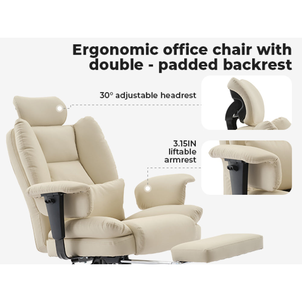 Ergonomic High-Back PU Leather Office Chair | 440 lbs Capacity | Liftable Headrest + Retractable Footrest | Double-Layer Spring Sponge + Memory Foam | Height-Adjustable Armrests | Lumbar Support | Computer, Executive Chair | Beige/Black