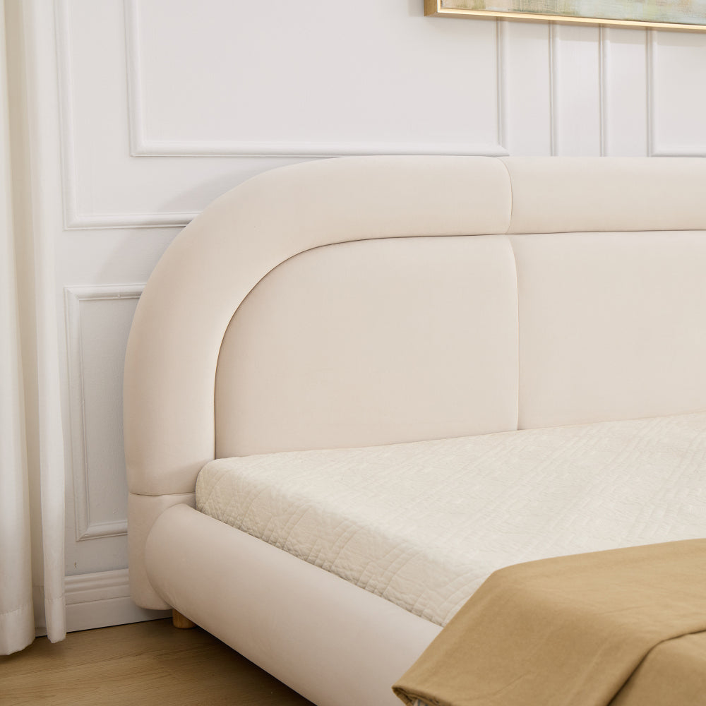 King Size Low Profile Platform Bed | Curved Rounded Velvet Headboard | 550 lbs | Solid Wood & Metal Frame | 13 Slats | No Box Spring | Beige/Green