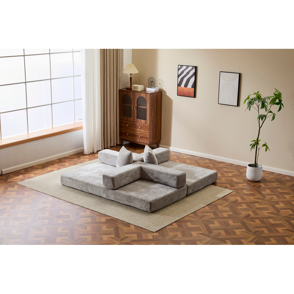 3-Seat Convertible Floor Sofa Bed | Foldable Armrest & Backrest | Premium Chenille + Memory Foam | Pillow Back Support | No Assembly Required | Multi-Occasion | Light Gray/Dark Gray/Dark Green/Baby Blue/Orange
