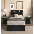 Twin/Full/Queen Size Metal Platform Bed with 4 Storage Drawers | Headboard Charging Station 2 Outlets & 2 USB | 16 RGB LED Lights 60000+ Colors | Heavy Duty Steel Slats | No Box Spring Needed | Black