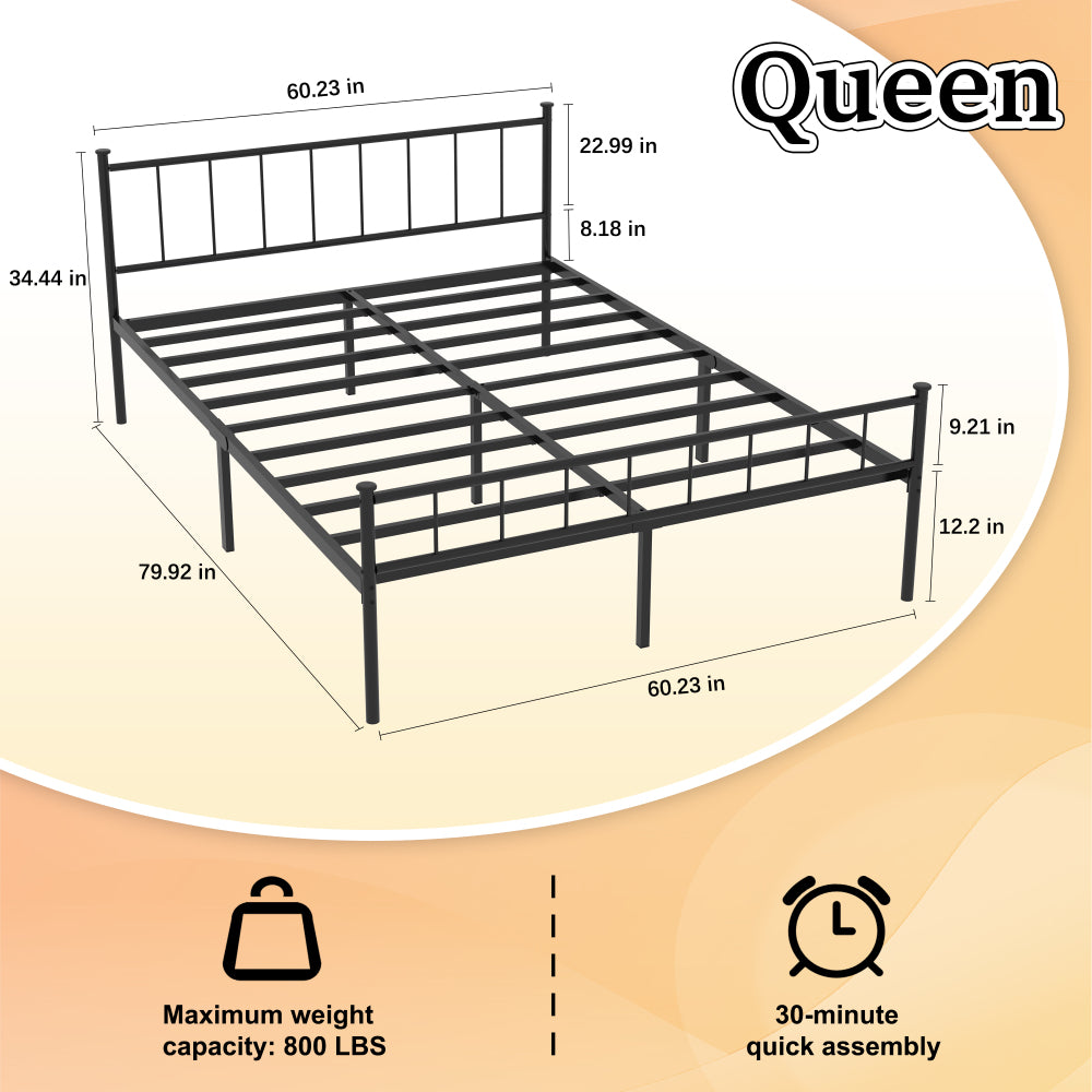 Full/Queen Size Metal Platform Bed Frame | Classic Spindle Headboard & Footboard | Reinforced Sturdy Structure | Ample Under-Bed Storage | No Box Spring Needed | Black