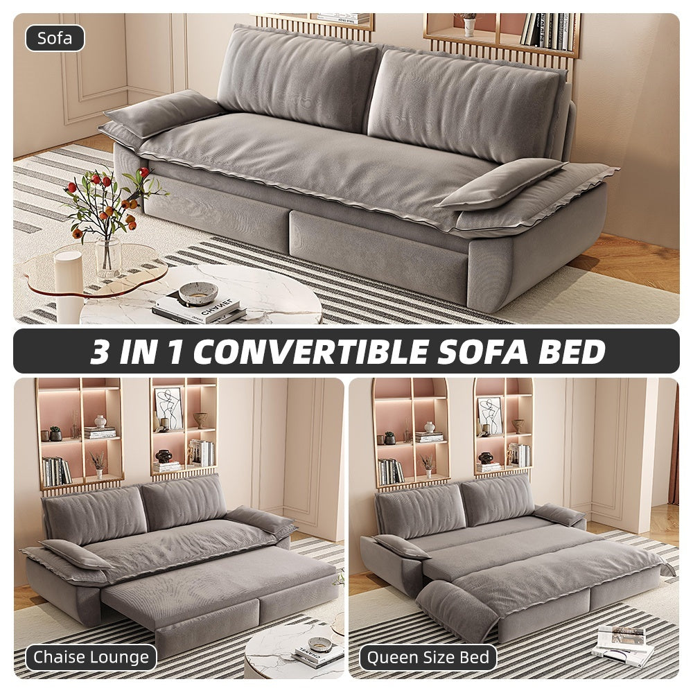 73.2" Queen Pull-Out Sofa Bed | 3-in-1 Convertible Sleeper Sofa | Chaise Lounge & King Bed | Premium Velvet + High-Density Foam | Steel Reinforced Frame | Space-Saving Modern Design | Beige/Gray/Camel/Blue