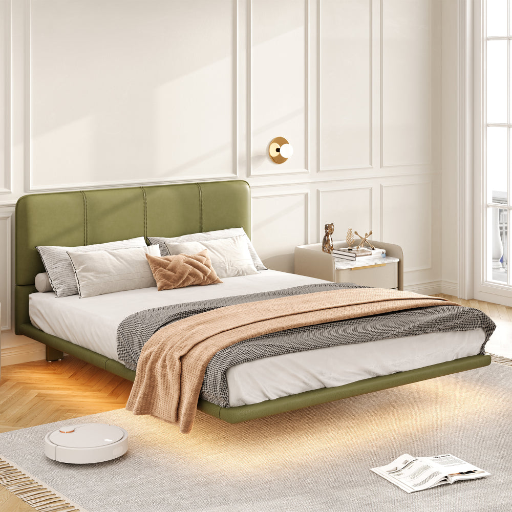 Full Size Floating PU Leather Platform Bed | Remote-Controlled LED Underglow 8 Dynamic Effects | Hidden Foot Design | Strong Wood Beam & Metal Legs | No Box Spring Needed | Easy Assembly | Green / Coffee