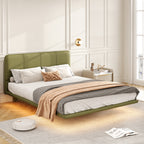 Full Size Floating PU Leather Platform Bed | Remote-Controlled LED Underglow 8 Dynamic Effects | Hidden Foot Design | Strong Wood Beam & Metal Legs | No Box Spring Needed | Easy Assembly | Green / Coffee