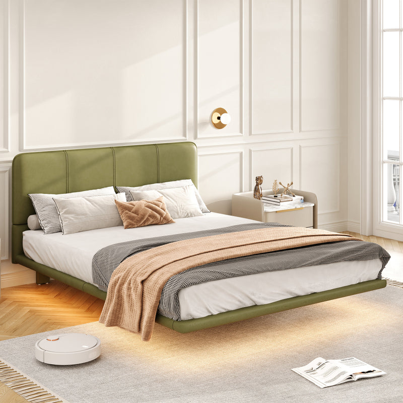 Full Size Floating PU Leather Platform Bed | Remote-Controlled LED Underglow 8 Dynamic Effects | Hidden Foot Design | Strong Wood Beam & Metal Legs | No Box Spring Needed | Easy Assembly | Green / Coffee