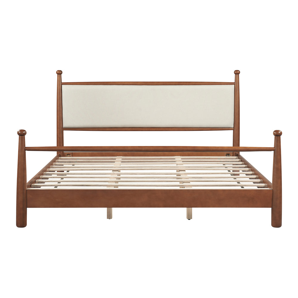 Queen/King Size Solid Poplar & Plywood Platform Bed | Soft Upholstered Headboard & Footboard | Quiet Slat Support System | Airflow Open Base | No Box Spring Needed | Easy Assembly | Beige/Walnut