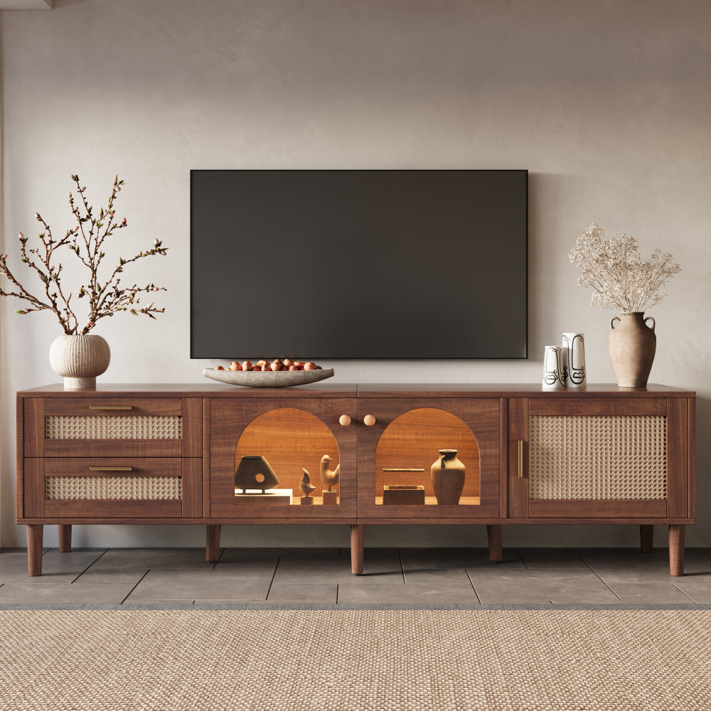 Rattan TV Stand with 3 Cabinets & 2 Drawers