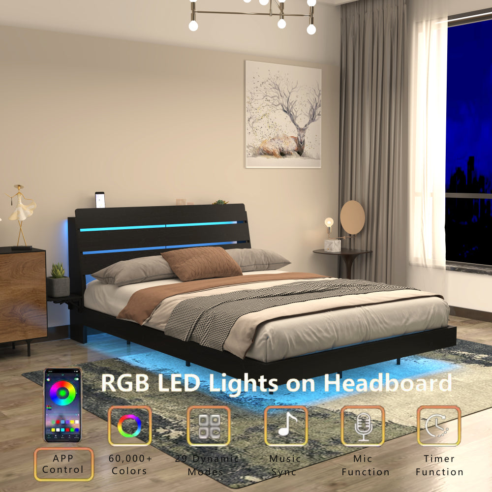 Full/Queen Size Wood Platform Bed with Bookshelf Storage Headboard | 2 Drawers | 2 AC Outlets 1 USB 1 Type-C Charging Station | 60,001 Color LED Lights APP Control | No Box Spring | Brown/Black/Walnut