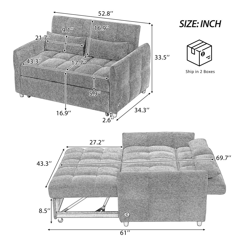 52.8" Loveseat Pull-Out Sleeper Sofa Bed | 2-Seat Tufted Chenille Couch | Adjustable Backrest 90°/135°/180° | 3 Built-In USB Ports | High-Density Foam | 2 Lumbar Pillows | Sturdy Multi-Wood Frame | Beige/Gray/Blue/Green