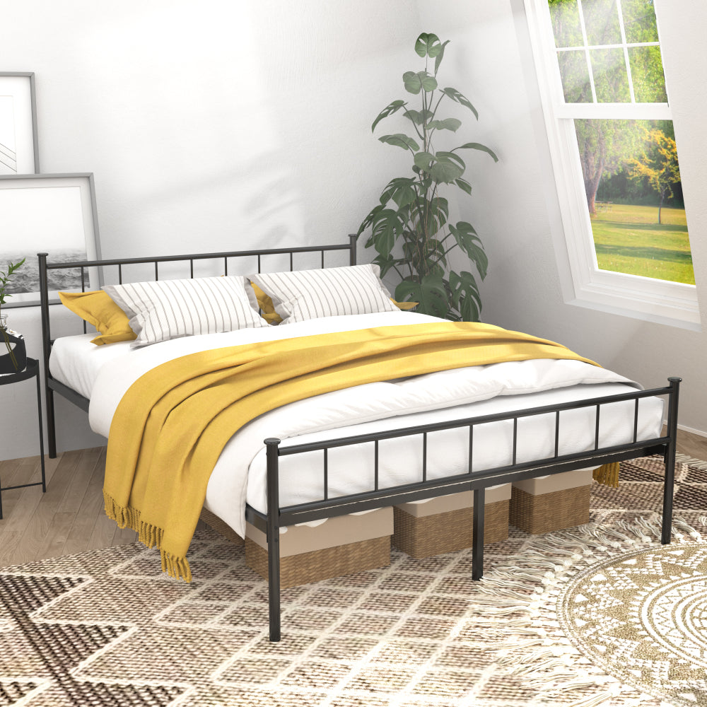 Full/Queen Size Metal Platform Bed Frame | Classic Spindle Headboard & Footboard | Reinforced Sturdy Structure | Ample Under-Bed Storage | No Box Spring Needed | Black