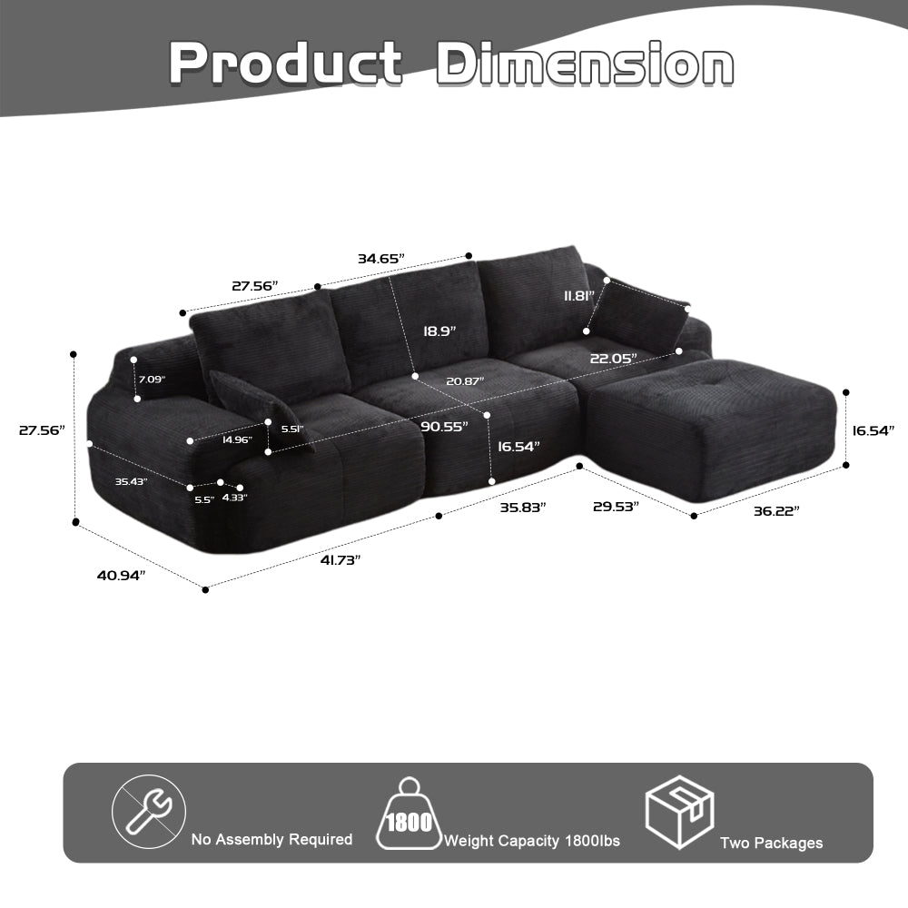 Modern Memory Foam Cloud Sofa | Extra Deep Corduroy Sectional Couch | Customizable Modular Combination | High-Resilience Foam + Bolster Pillows | No Assembly Required | Living Room, Apartment, Bedroom | White/Black — 2 Seat & 3 Seat