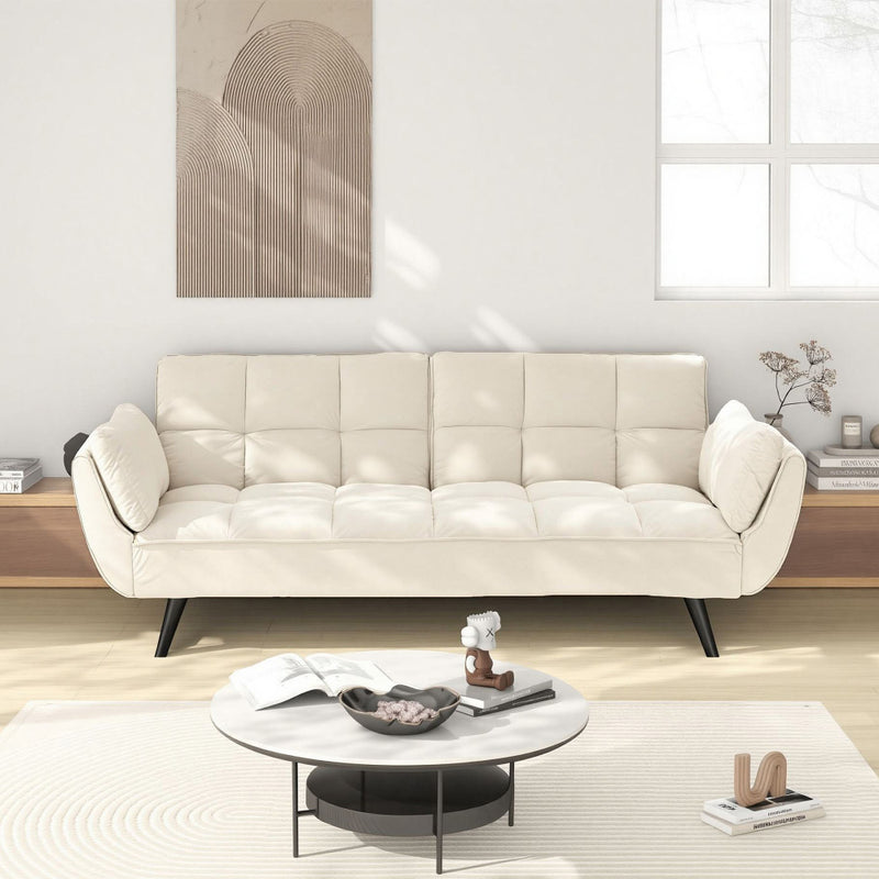 74" 2-Seat Convertible Sofa Bed | 3 Adjustable Backrest Positions | Tufted Polyester Blend | Adjustable to 180° Flat Bed | Easy Leg Assembly | Apartment Small Space | Black / Beige
