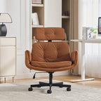 Criss Cross Wide-Seat Lounge Office Chair | 6-Gear Adjustable Armrests | Removable Headrest | Gentle Rocking + 360° Swivel | Pet-Friendly PU/Boucle Upholstery | Cross-Legged Sitting | Home Office, Gaming, Makeup, Conference | Gray/Ivory/Brown