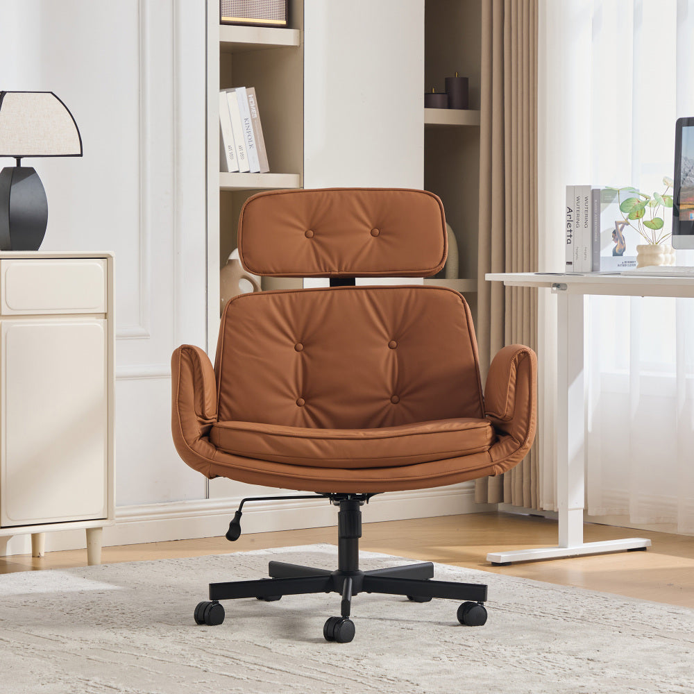 Criss Cross Wide-Seat Lounge Office Chair | 6-Gear Adjustable Armrests | Removable Headrest | Gentle Rocking + 360° Swivel | Pet-Friendly PU/Boucle Upholstery | Cross-Legged Sitting | Home Office, Gaming, Makeup, Conference | Gray/Ivory/Brown