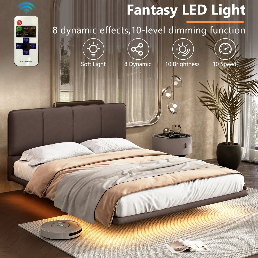 Full Size Floating PU Leather Platform Bed | Remote-Controlled LED Underglow 8 Dynamic Effects | Hidden Foot Design | Strong Wood Beam & Metal Legs | No Box Spring Needed | Easy Assembly | Green / Coffee