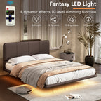 Full Size Floating PU Leather Platform Bed | Remote-Controlled LED Underglow 8 Dynamic Effects | Hidden Foot Design | Strong Wood Beam & Metal Legs | No Box Spring Needed | Easy Assembly | Green / Coffee