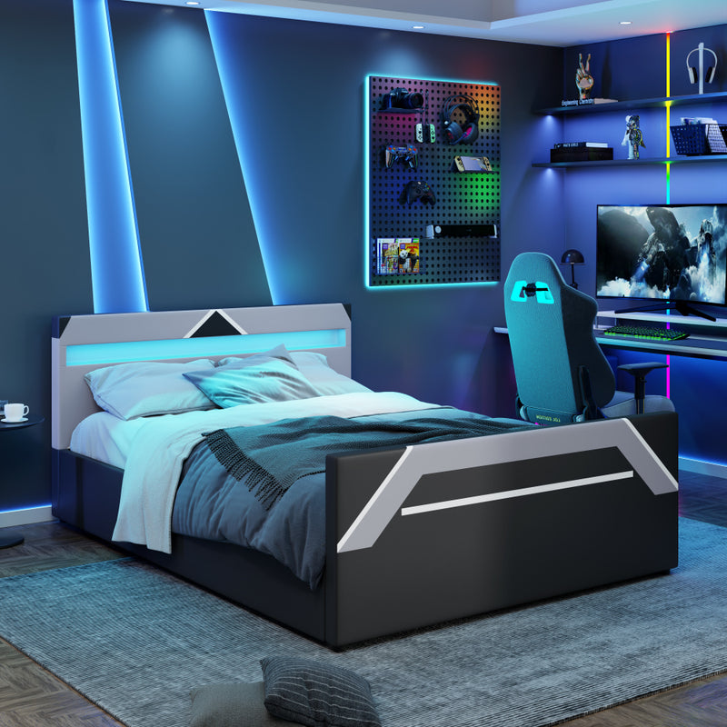 Queen Size Gaming Platform Bed | 7-Color LED Headboard Lighting | Side-Lift Hydraulic Storage | 660 lbs | Geometric Cyberpunk Design | No Box Spring Needed | Black+Gray / Black+Purple / Black+Red