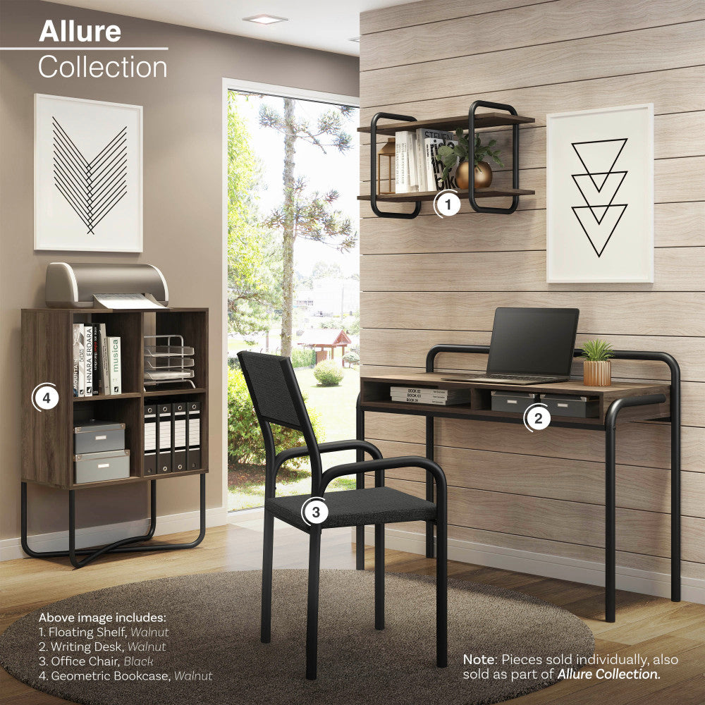 45.8" Modern Classic Writing Desk | Woodgrain Walnut MDF Top | Powder-Coated Steel Frame | 2 Under-Desk Open Shelves | Industrial Style | Part of Allure Collection | Home Office, Study Room | Walnut