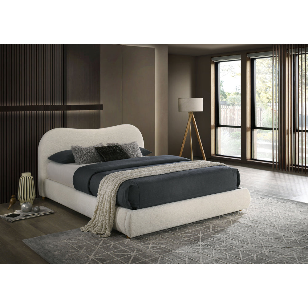 Queen Size Boucle Upholstered Platform Bed | Curved Cloud Headboard & Footboard Storage Drawer | Solid & Engineered Wood | Contemporary Style