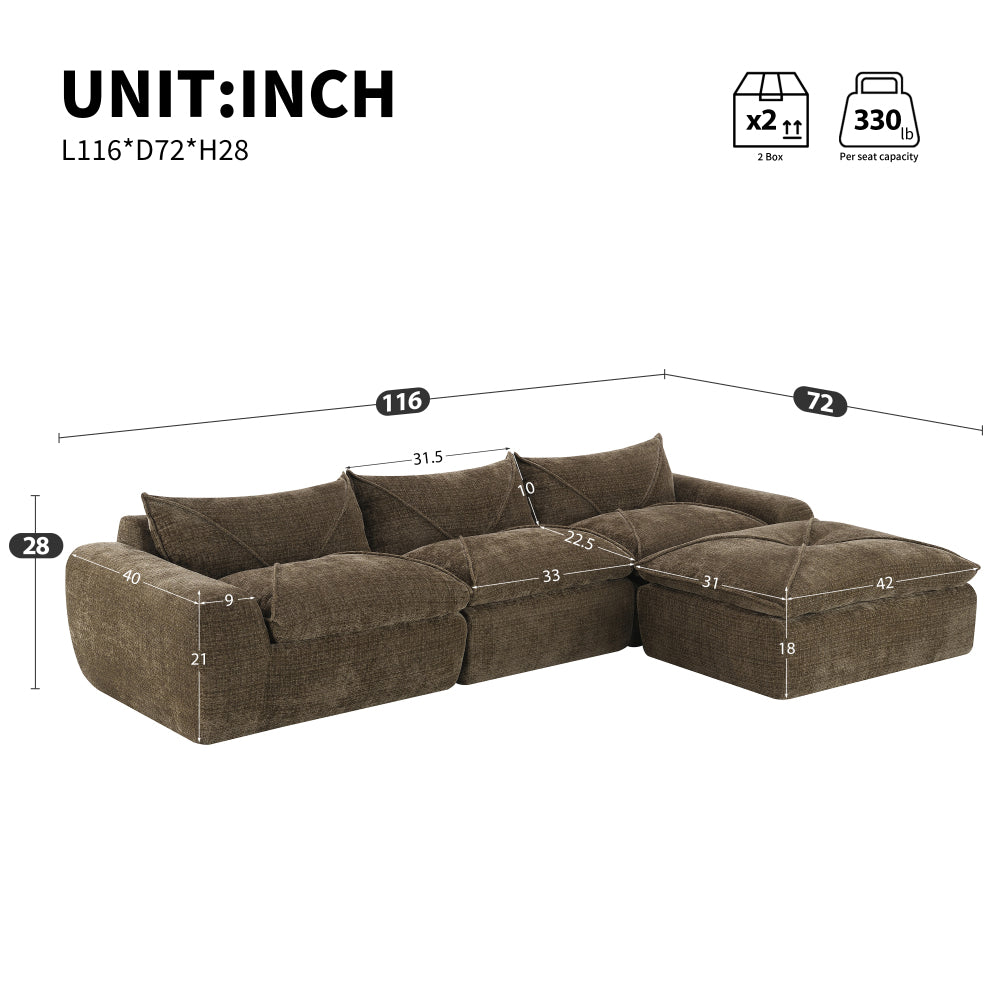 116" Fully Compressed 4-Seat Chenille Sectional Sofa | Integrated Backrest & Seat Cushion | Free Movement Ottoman | Decorative Edging | Legless Low-Profile Design | No Assembly Required | Living Room, Apartment | Brown/White/Green/Orange