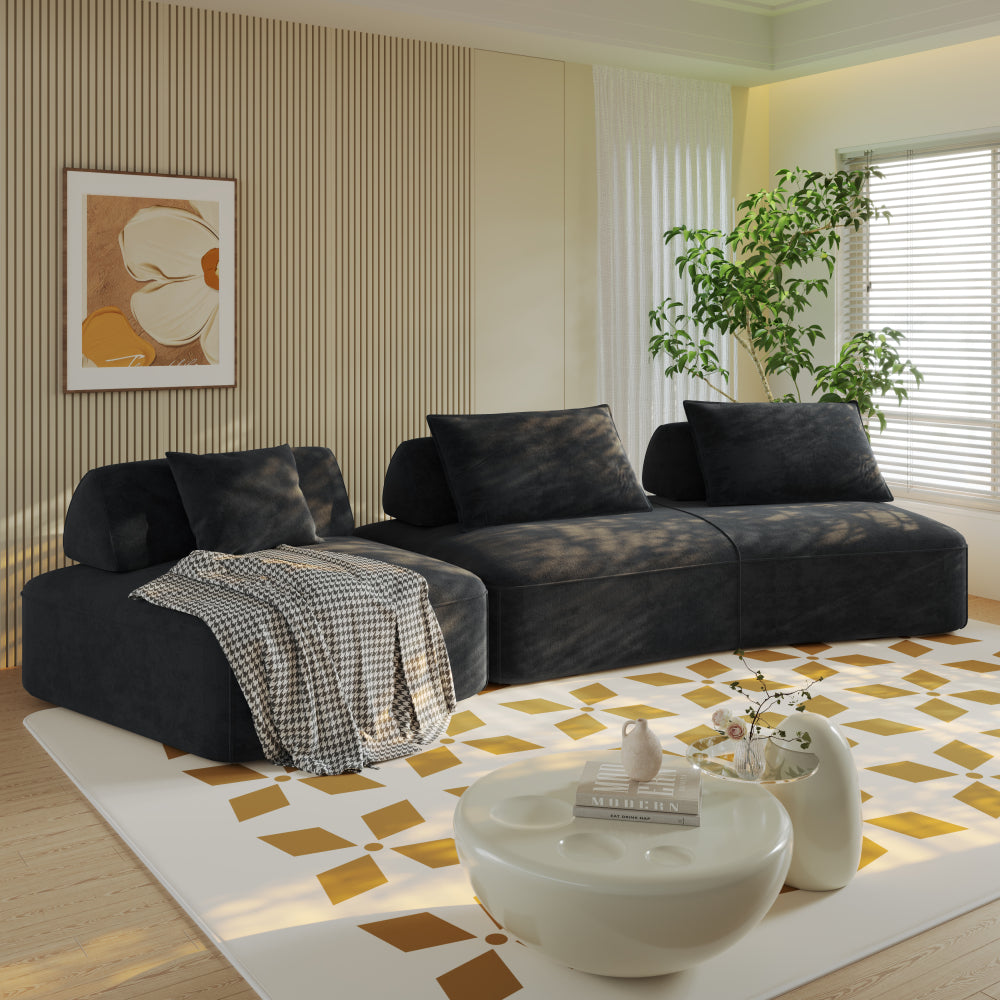 139" Oversized Modular Sectional Sofa | 4-Seat DIY Fluffy Chenille Deep-Seat Couch & Sofa Bed | Removable Backrests & Pillows | High-Density Rebound Foam | Anti-Slip Base | No Assembly | Living Room, Office | Dark Gray/Beige