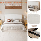 Queen Size Linen Upholstered Platform Bed | Curved Wingback Headboard | Fully Upholstered Frame | Solid Wood & Reinforced Slats | No Box Spring Needed | Easy Assembly | Beige / Brown