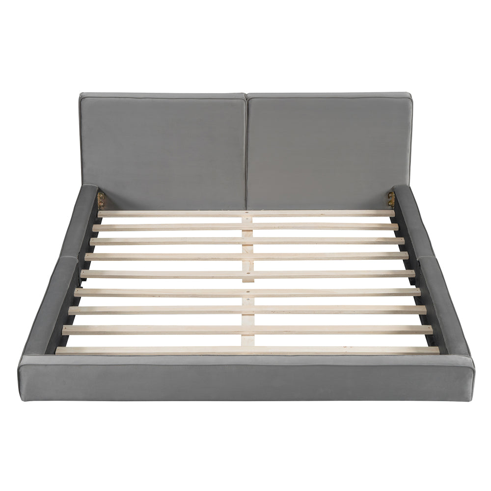 Queen Size Velvet Upholstered Platform Bed | Fully Wrapped Low Profile Frame | Solid MDF & Particle Board | No Box Spring Needed | Easy Assembly | Gray / Beige